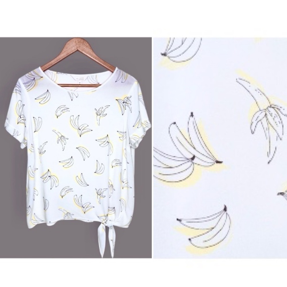 LC Lauren Conrad Banana Print Blouse Sz M Woven Tie Front White Cuffed Sleeves